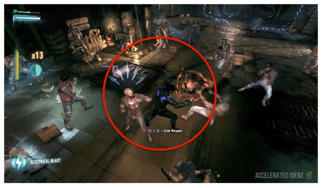 Players will most likely spend most of their combat time fixating somewhere within the central highlighted area during combat in the Batman Arkham games