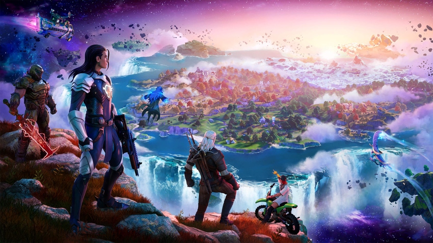 Promo image for Epic Games' Fortnite: Chapter 4, featuring characters looking off at the horizon.