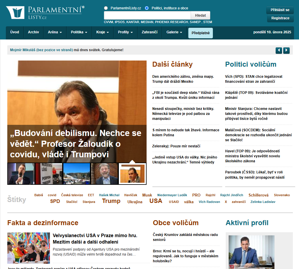 A screenshot of the front page of Parlamentní listy. The stories are shown in Czech.  A screenshot of the front page of Parlamentní listy. The stories are shown in Czech.