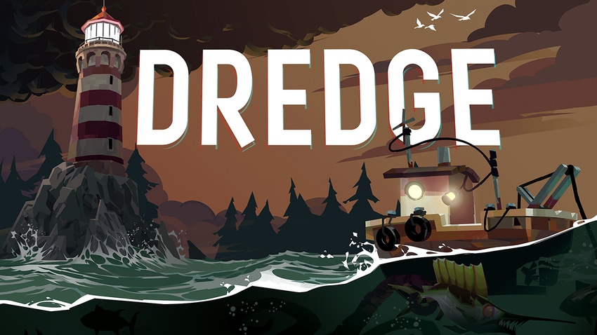 Dredge key artwork featuring a boat approaching a spooky lighthouse