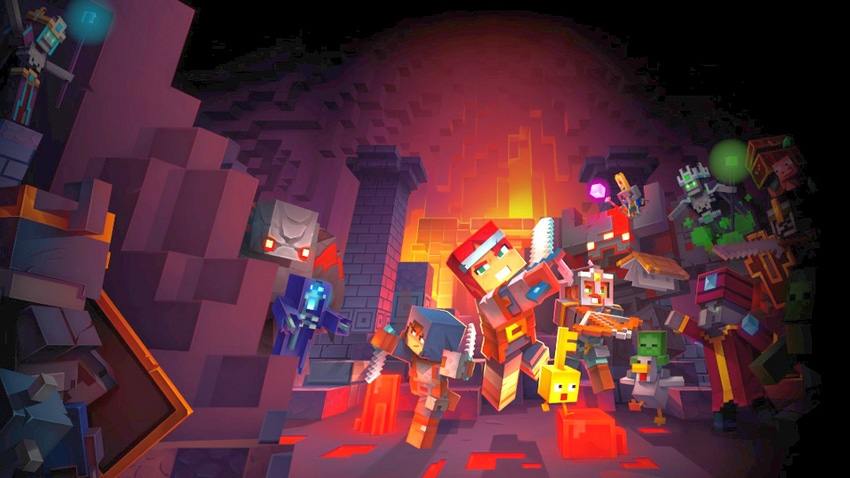 Cover art for Mojang's Minecraft Legends, showing multiple players in action.