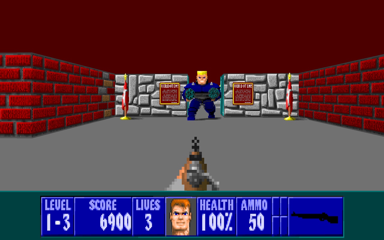 《Wolfenstein 3D》游戏截图,展示经典像素风格和战斗场景