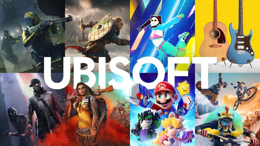 Splash art of various Ubisoft games such as Mario+Rabbids, Riders Republic, and Watch Dogs Legion.