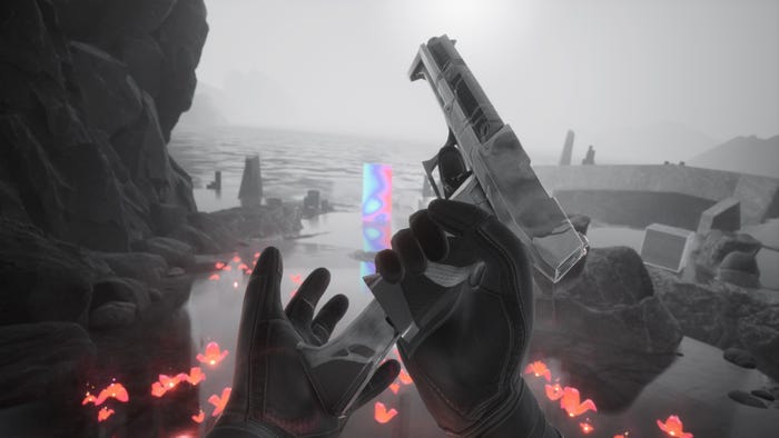 A screenshot from Synapse. The player reloads a pistol. A screenshot from Synapse. The player reloads a pistol.