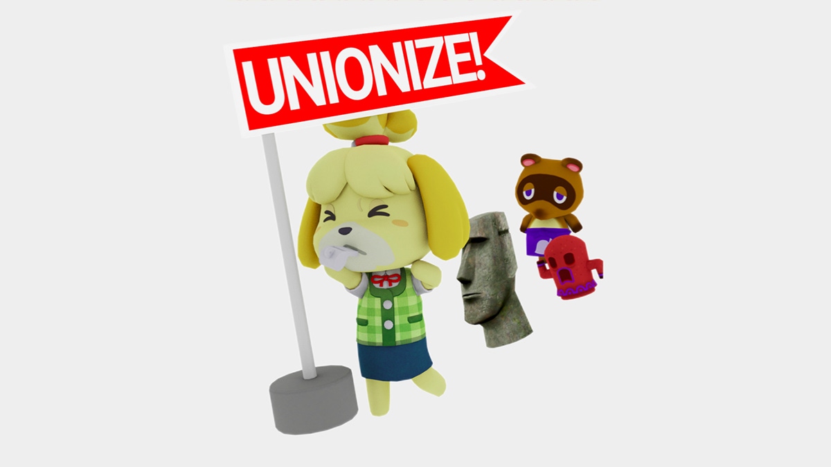 Artwork from a GWU zine showing a parade of pro-union Animal Crossing characters Artwork from a GWU zine showing a parade of pro-union Animal Crossing characters