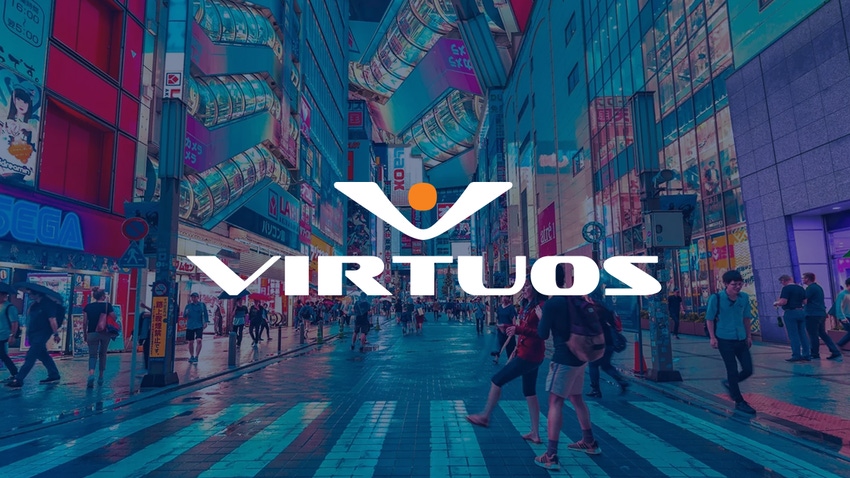 The Virtuos logo on a photograph of people crossing a road in Akihabara, Tokyo