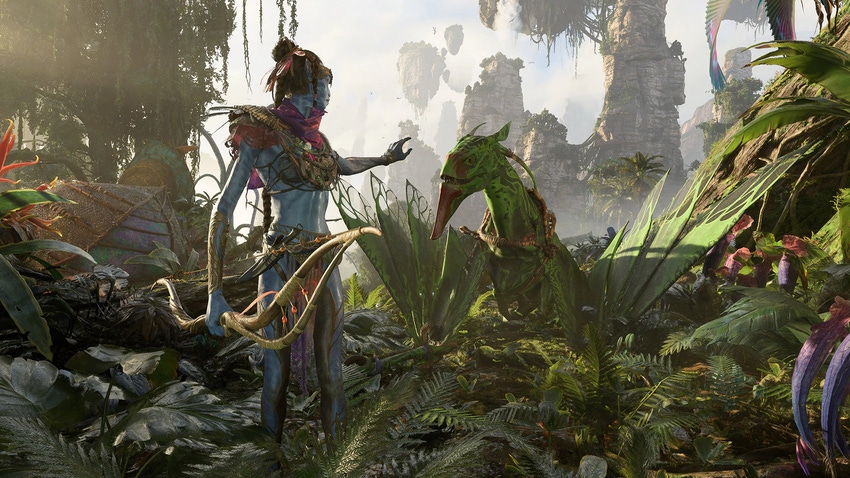 Screenshot of Ubisoft's Avatar: Frontiers of Pandora, showing a Na'vi bonding with a mount.