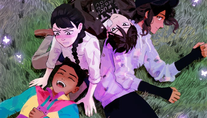 butterfly soup 2 header four characters lying on grass