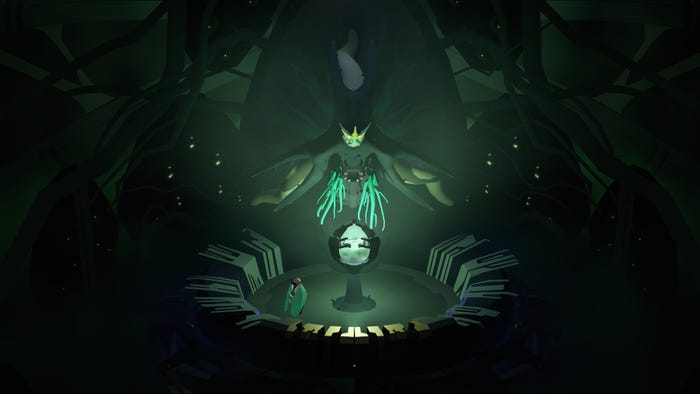 A screenshot from Cocoon. The player characters stands before a luminous orb.