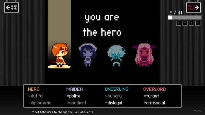 A character selection screen. Players choose between the HERO, MAIDEN, UNDERLING, or OVERLORD, and can decide from two personality traits for each to influence the game's narrative.