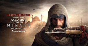 A promo image for Assassin's Creed Mirage featuring player character Basim and the logo for Amazon Luna.