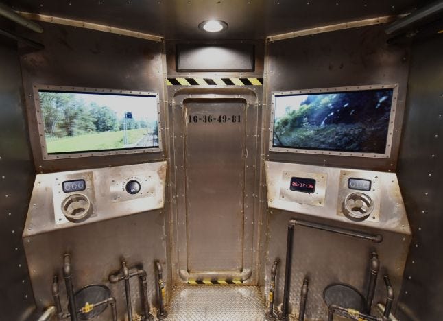 "Train conductors cabin" interior for mobile escape room by Crux Scenica. Used with Permission.