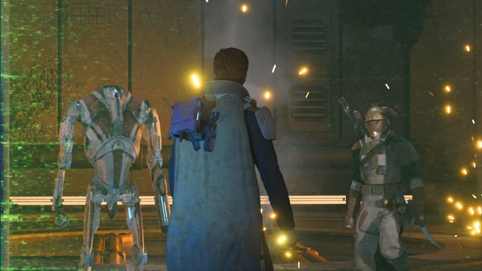 A screenshot from Jedi: Survivor. The player character stares down a droid and a bandit standing on the other side of a laser wall.
