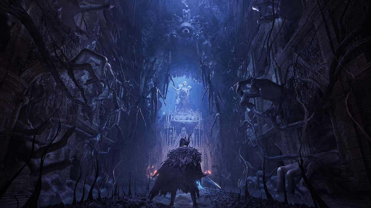 A wanderer enters a harrowing hallway in Lords of the Fallen A wanderer enters a harrowing hallway in Lords of the Fallen