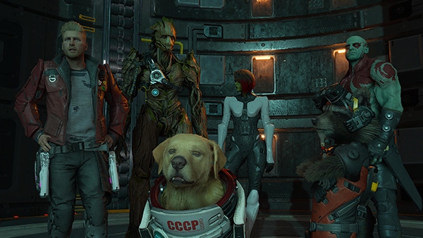 The title characters from Marvel's Guardians of the Galaxy. And Cosmo, a good boy.