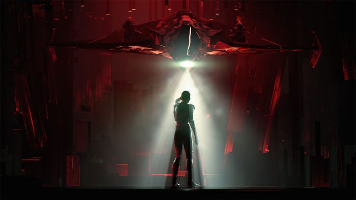 A screenshot of a person standing in a dim, red-lit hangar as a small spaceship shines a cone of light their direction.