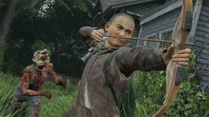 Lev from The Last of Us Part II draws a bow while an Infected sneaks up on him.