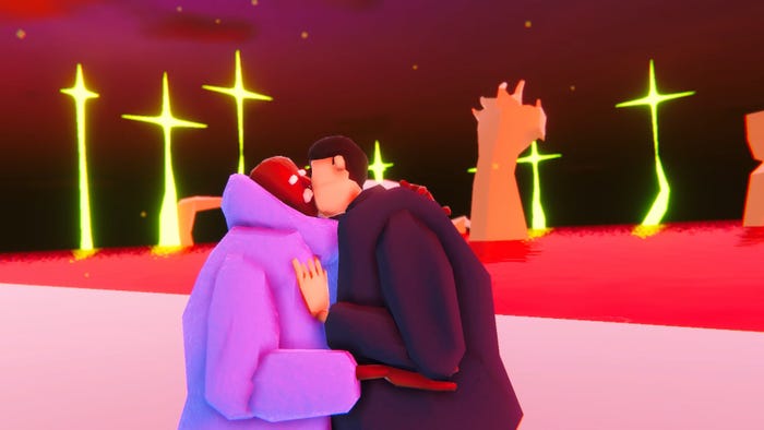 Two characters kissing against a bright background