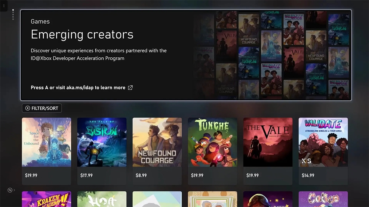 A screenshot showing the emerging creators tab on the Xbox storefront A screenshot showing the emerging creators tab on the Xbox storefront