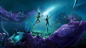 Two explorers swim underwater in Subnautica 2 Two explorers swim underwater in Subnautica 2