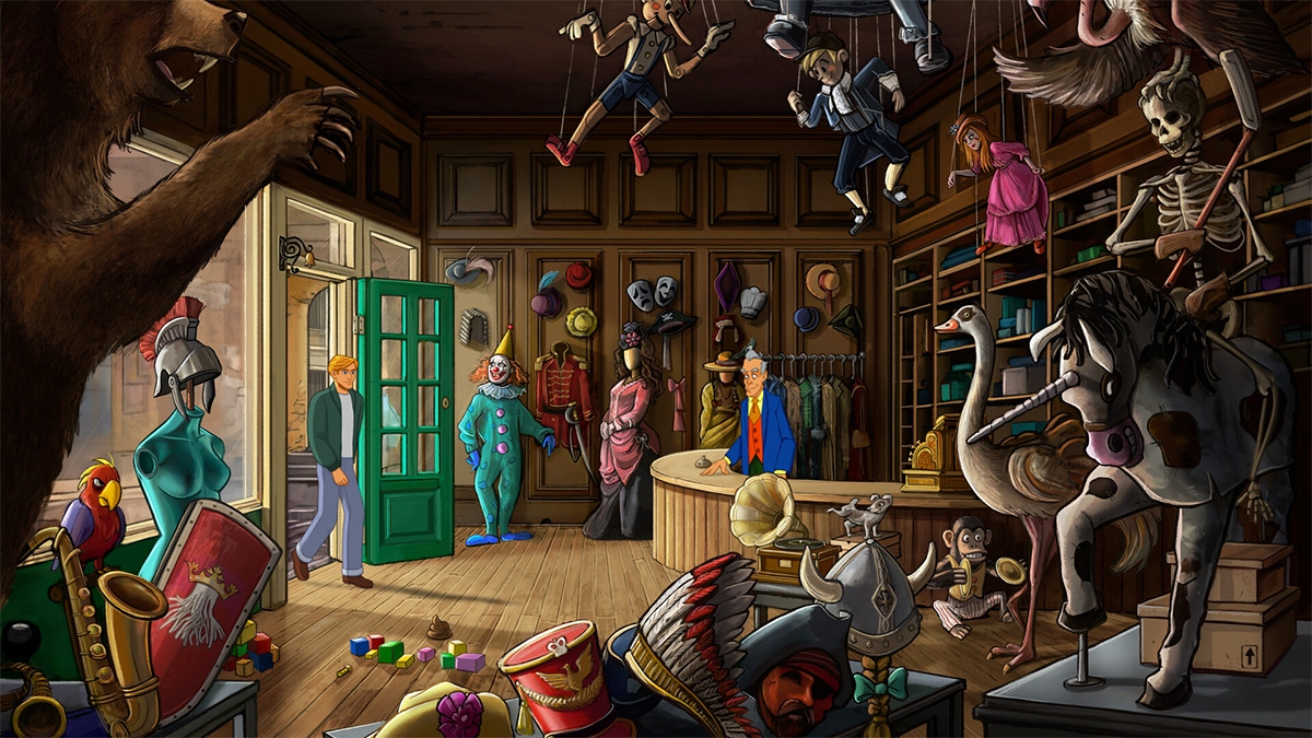 George enters a curious store in Broken Sword–Shadow of the Templars: Reforged George enters a curious store in Broken Sword–Shadow of the Templars: Reforged