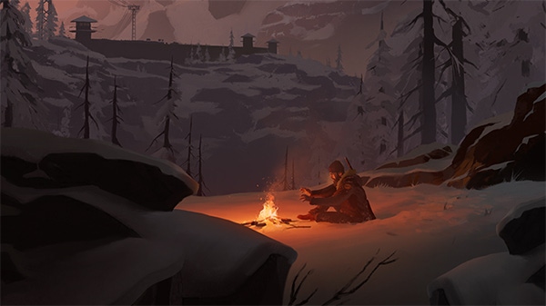 Key art for The Long Dark. A man warms his hands by a campfire in a snowy landscape.