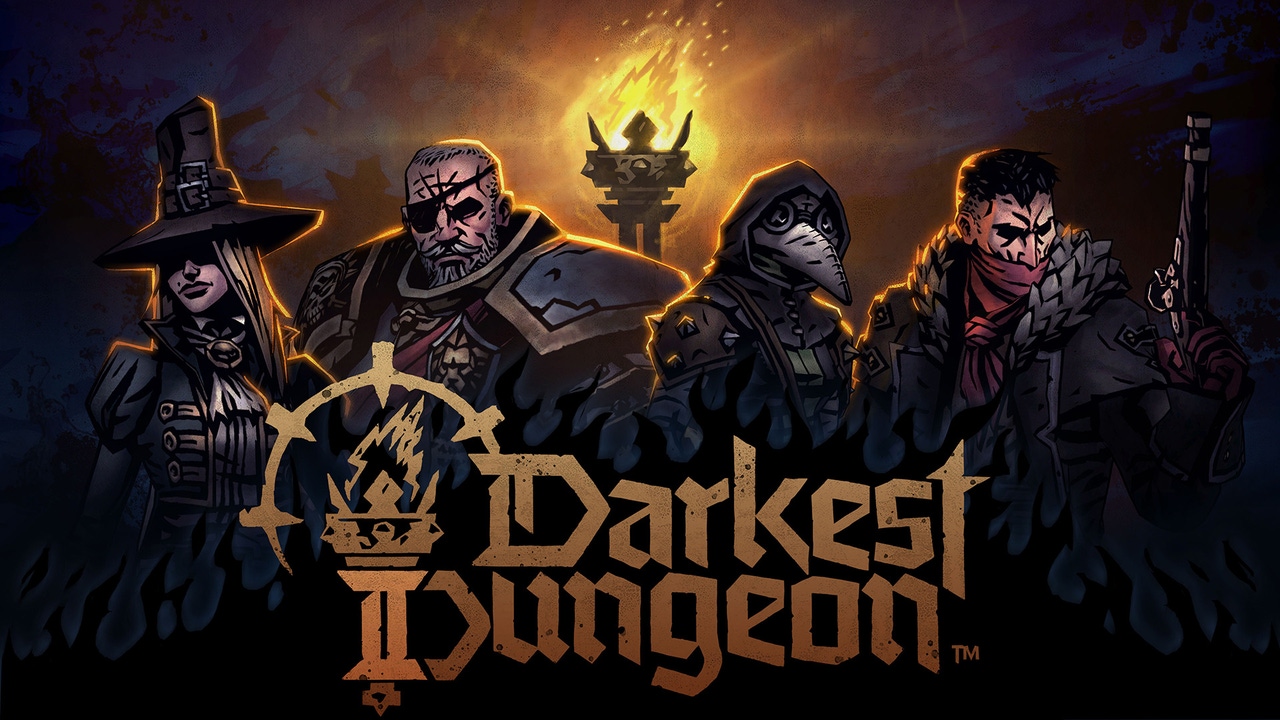 Key art for Darkest Dungeon. Four dark fantasy characters stand in the lanternlight. Key art for Darkest Dungeon. Four dark fantasy characters stand in the lanternlight.