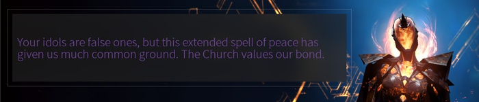 An image of the AI from Endless Space 2 with the text "your idols are false ones, but this extended spell of peace has given us much common ground. The Church values our bond."