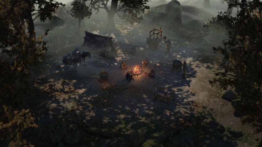 A screenshot from Wartales showing a party gathered around a campfire