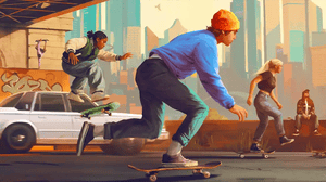 A character skates in a stylized cityscape A character skates in a stylized cityscape