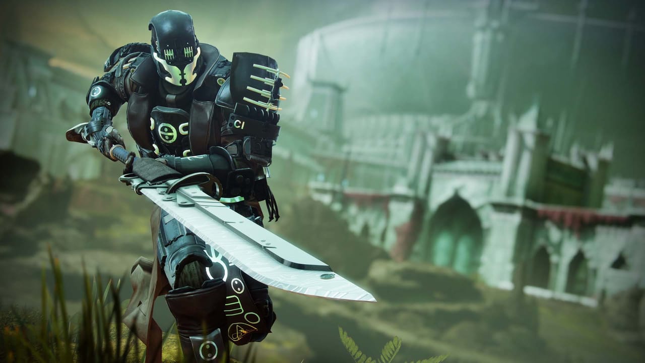 A Destiny 2 Guardian holds a massive sword. A Destiny 2 Guardian holds a massive sword.