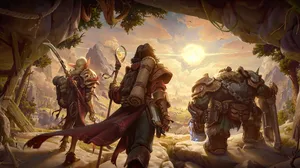 Three fantasy characters face a massive valley. Three fantasy characters face a massive valley.