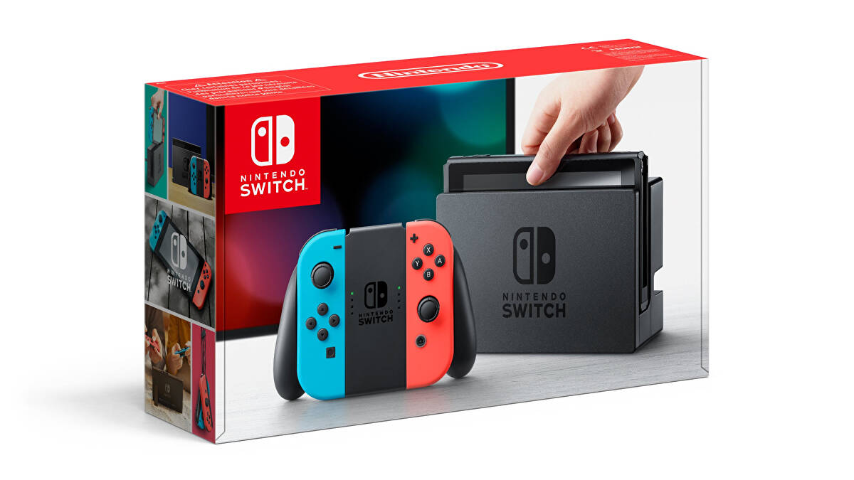 Packaging for the Nintendo Switch console. Packaging for the Nintendo Switch console.