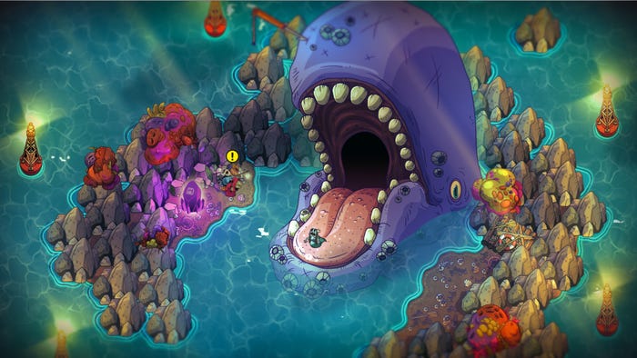 A Nobody Saves The World Screenshot where a large purple whale opens its mouth in a rocky cove.
