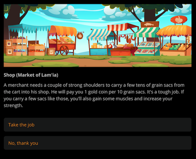 Screenshot from the game on Arcweave's play mode, showing a cartoonish illustration of a food market, followed by the action description, and the player's clickable choices.