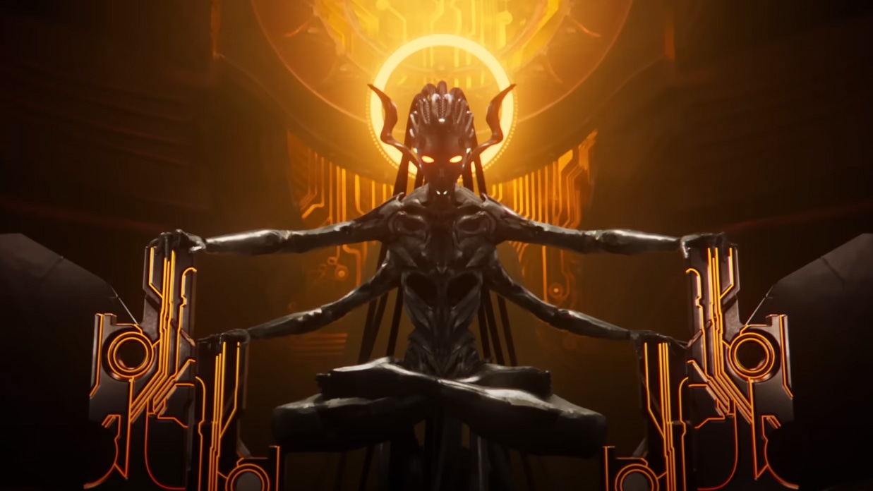 A robotic four-armed Queen glares at the camera. A robotic four-armed Queen glares at the camera.