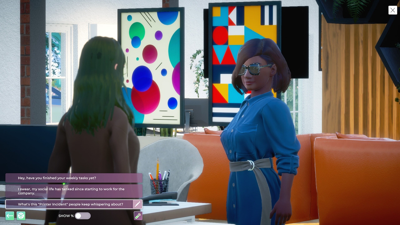 Two characters onscreen in Life By You having a conversation about work Two characters onscreen in Life By You having a conversation about work