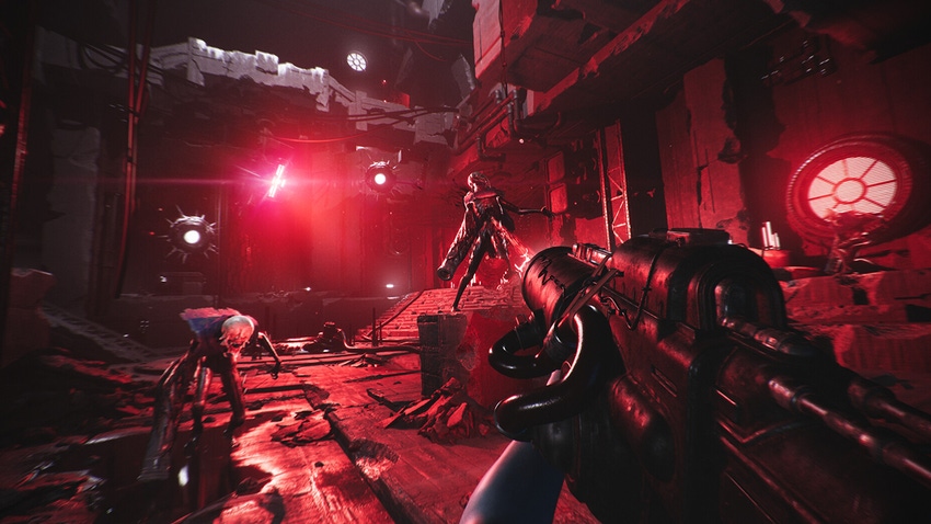 A screenshot from Luna Abyss featuring enemies in a crimson red corridor