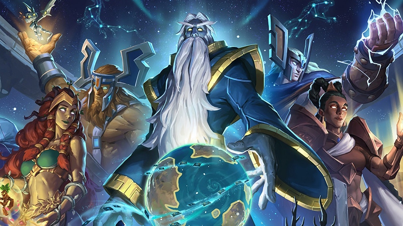 Key art from Hearthstone's Titans expansion. Five titans loom over a globe showing the fictional world of Azeroth.