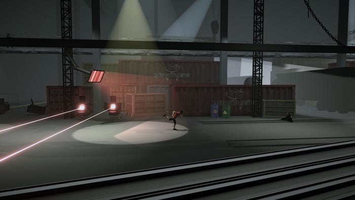 A character runs under a bright lamp light while laser beams shoot across the ground a few feet behind them.