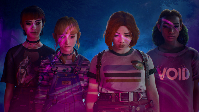 The four main characters from Lost Record: Bloom and Rage look at a weird purple portal.