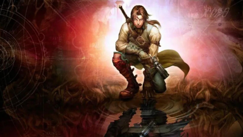 Key art of Lionhead Studios' Fable II, showing the male Hero looking at the camera.