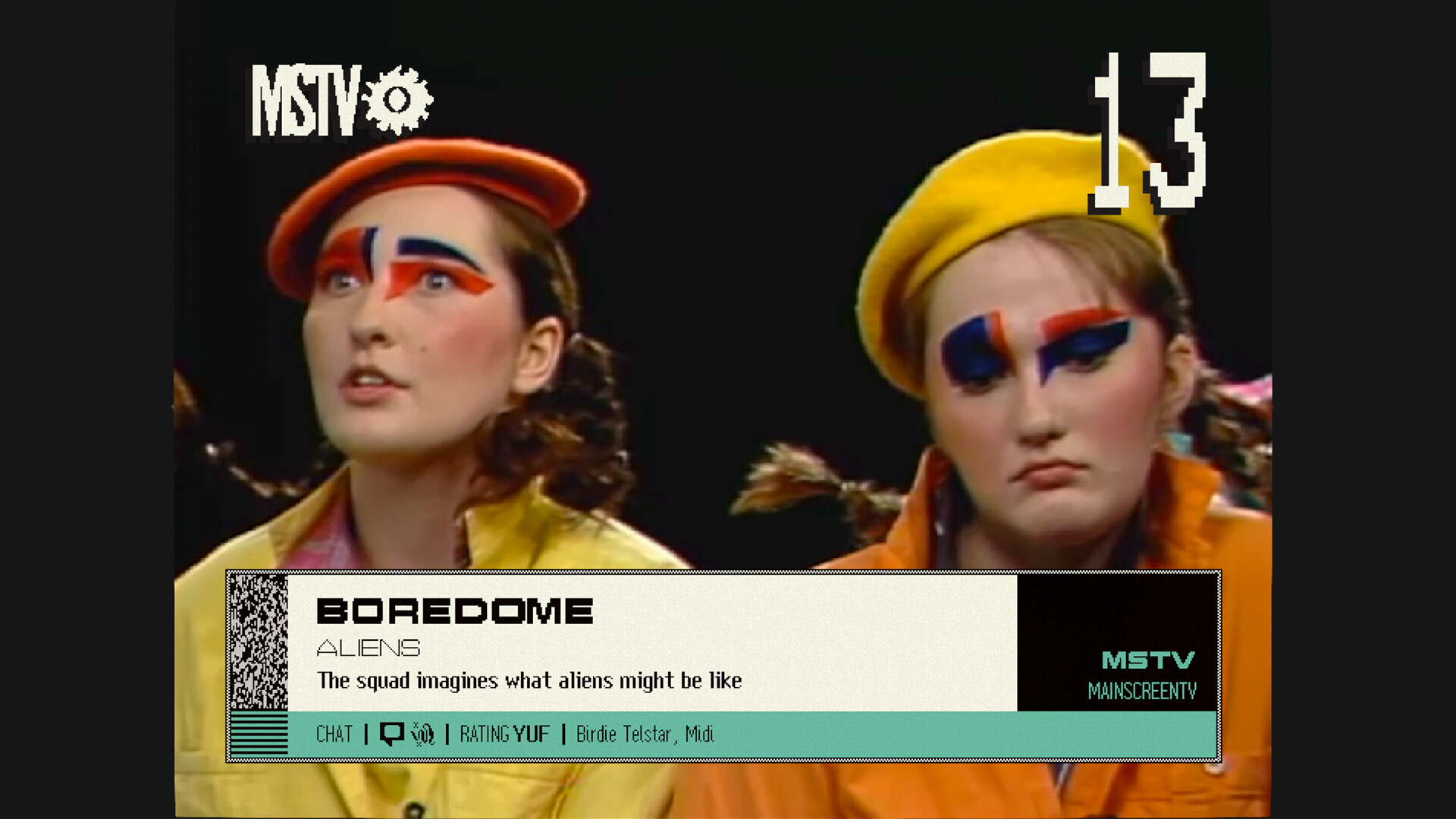 A screenshot from Blippo+. Two women in colorful makeup imagine what aliens might be like.