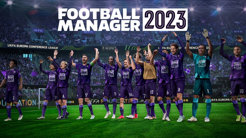 Key artwork for Football Manager 2023 showing a group of player celebrating on the pitch