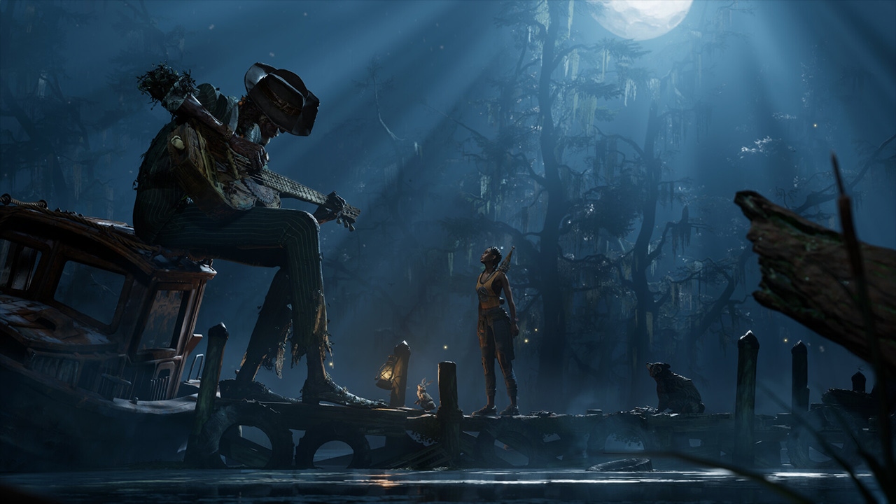A screenshot from South of Midnight showing a mysterious figure playing guitar on a moonlit pier  A screenshot from South of Midnight showing a mysterious figure playing guitar on a moonlit pier