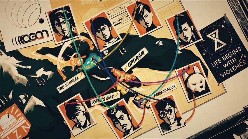A minimalist map of Deathloop's island overlaid with poloroids of enemies, each connected to eachother by colorful string.