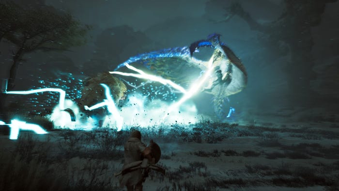 Lightning strikes a monster in Monster Hunter Wilds while the player character charges toward it.