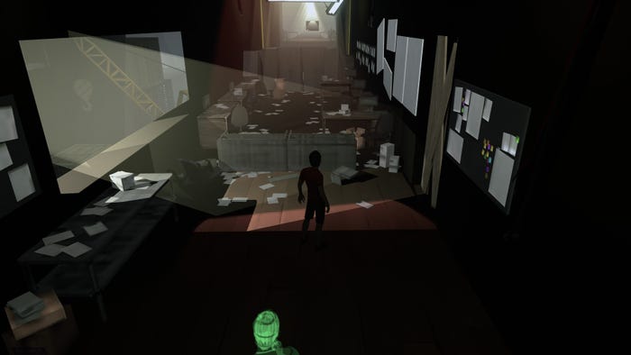 A person bathed in shadows looks down a messy hallway filled with papers.