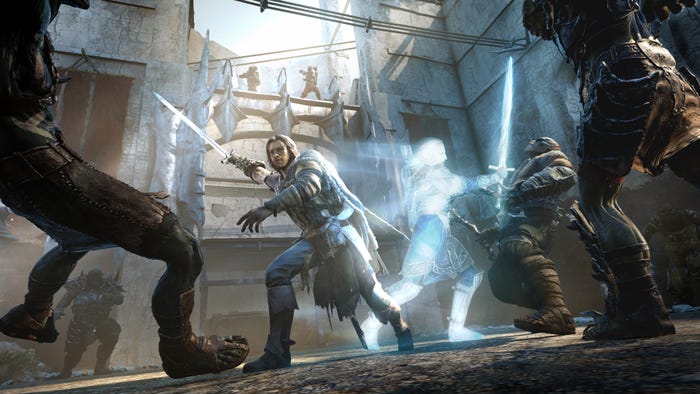 A promotional screenshot for Middle-earth: Shadow of Mordor. The player character and a ghost fight orcs.
