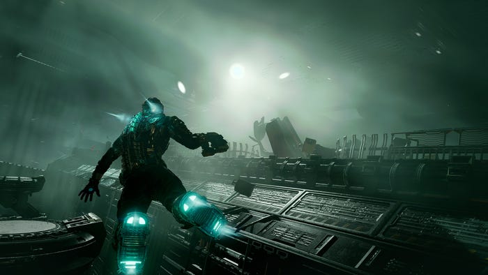 Player character Isaac jets through space in Dead Space.